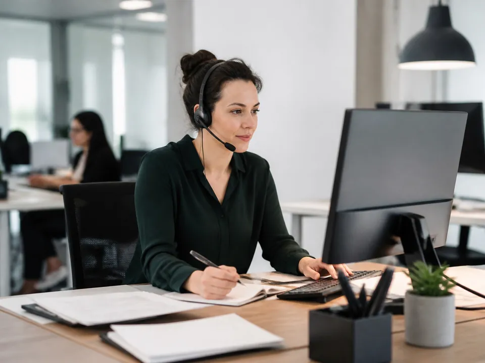 Administrative professional using a headset and computer at her office desk