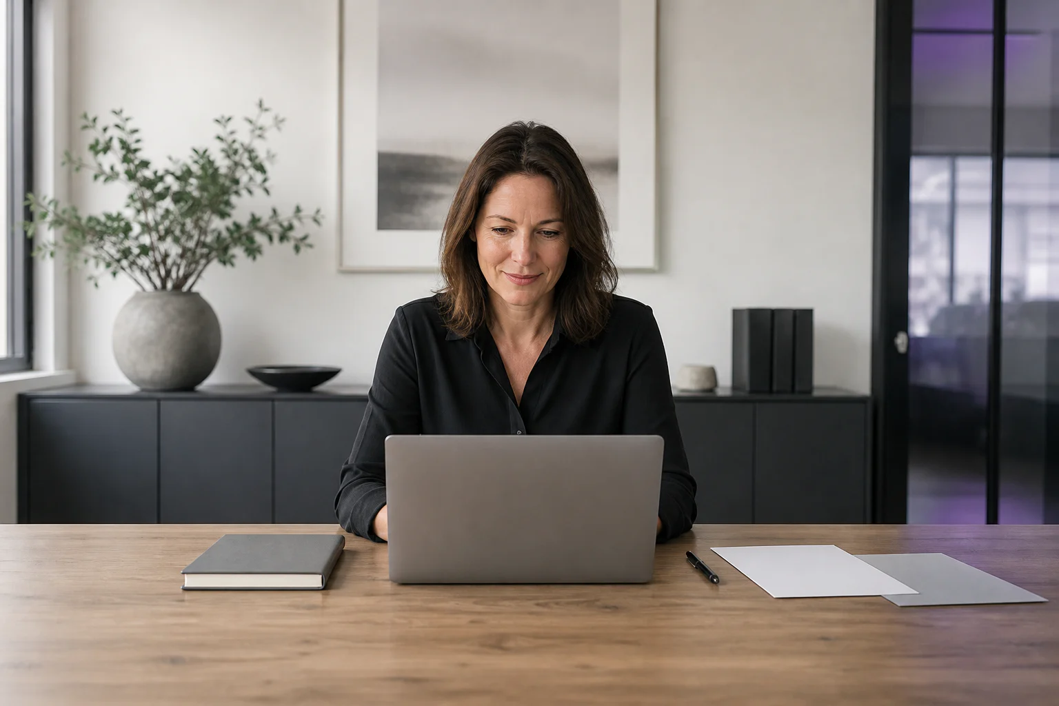 A business owner working at a laptop in a calm, connected workspace.