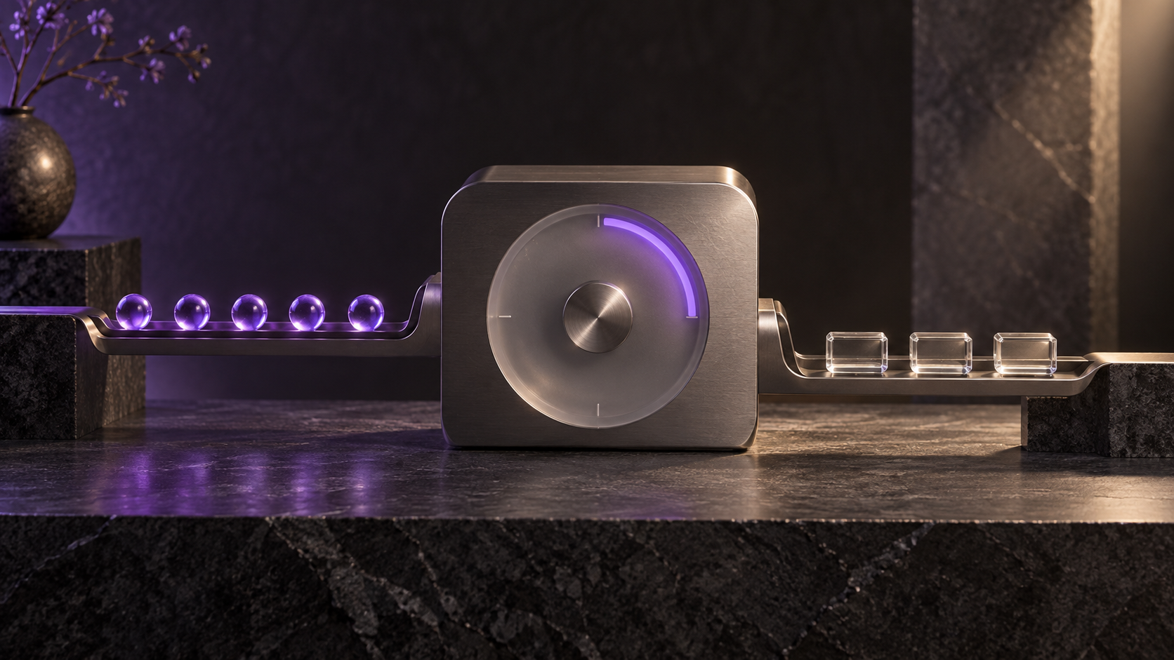 Graphite metering device with a violet dial, glass inputs, and three clear output tiles, illustrating bounded AI work.