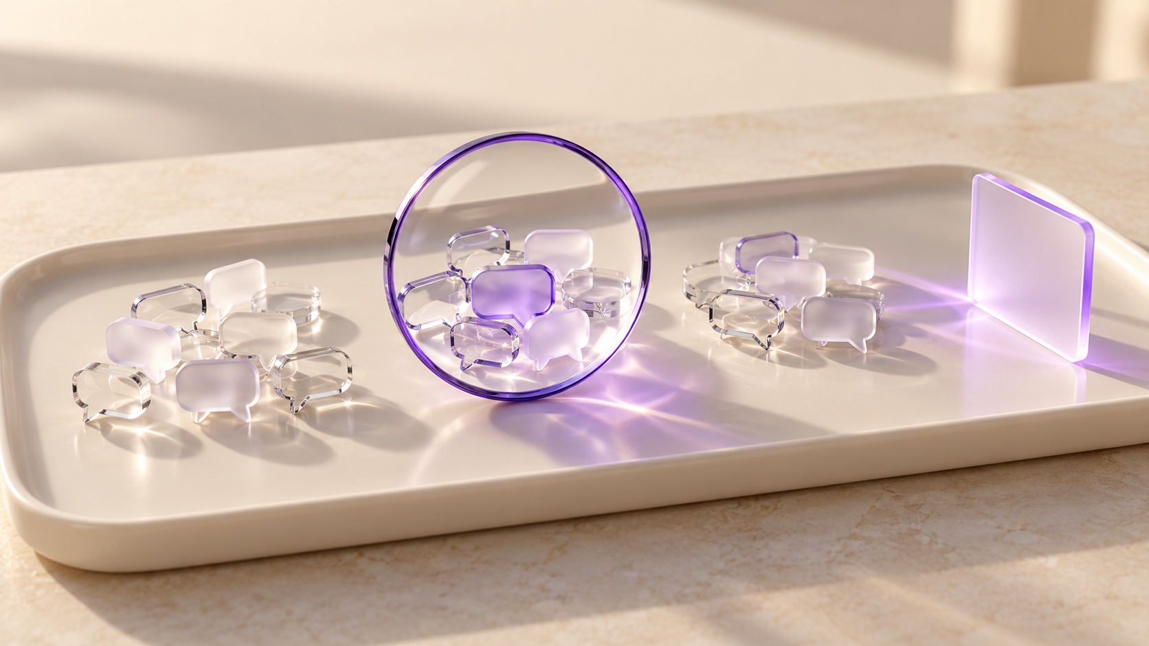 Clusters of frosted glass speech bubbles viewed through a violet-edged lens beside a blank action card on an ivory tray.