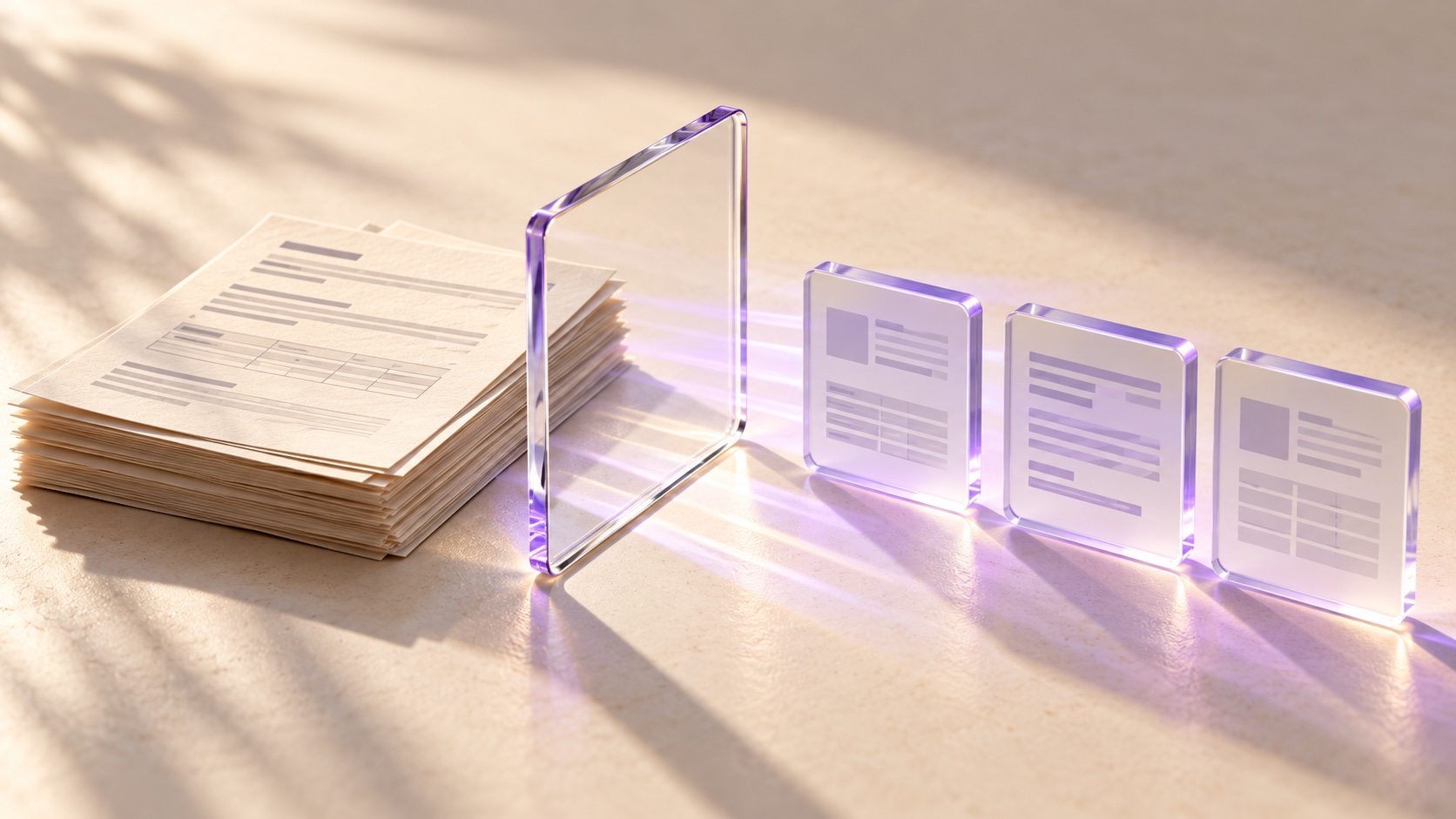 Paper service reports beside a clear glass reading frame and three violet-edged record tiles on an ivory surface.