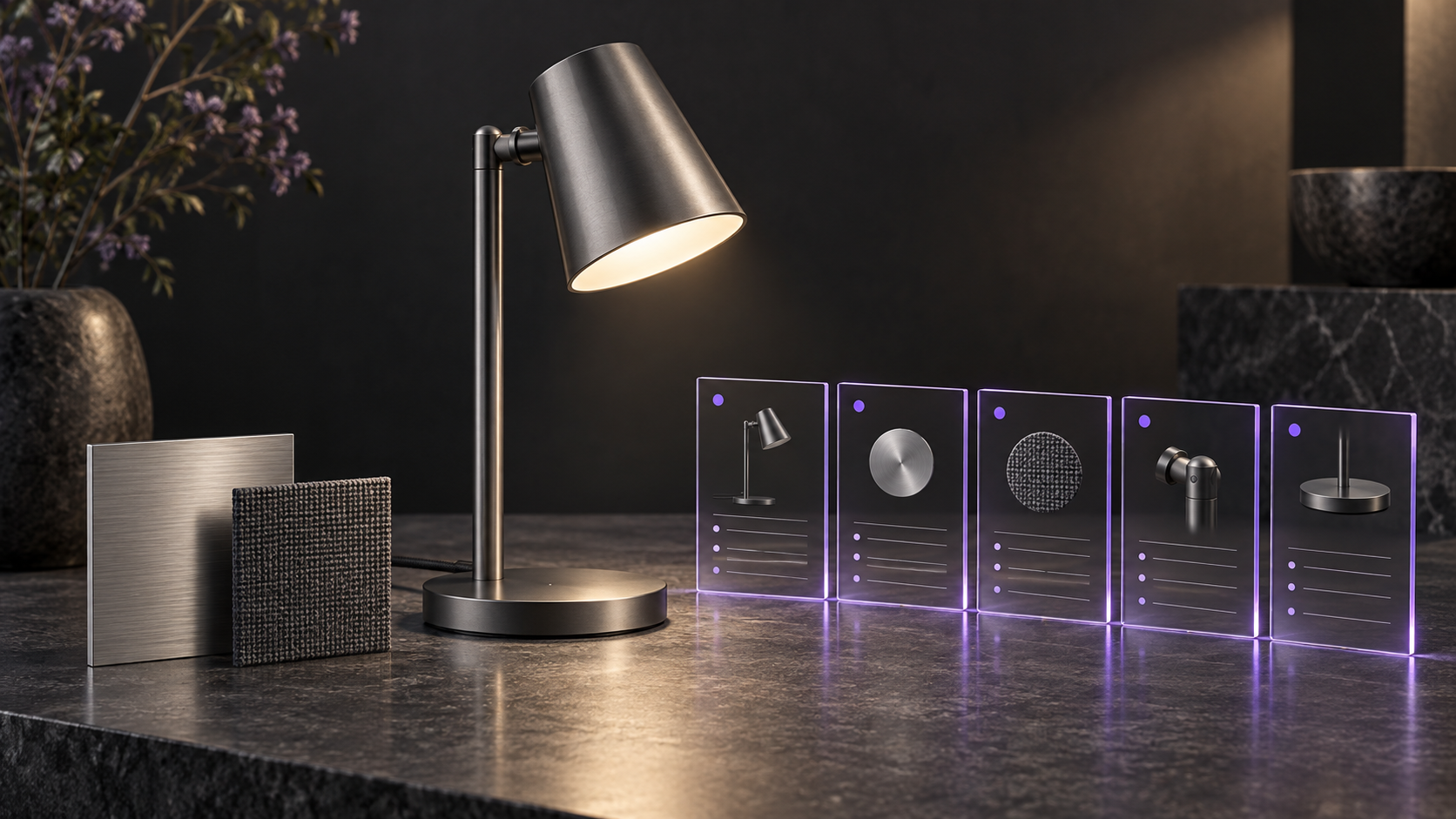 Graphite desk lamp and material samples beside violet-edged glass cards representing organized product attributes.