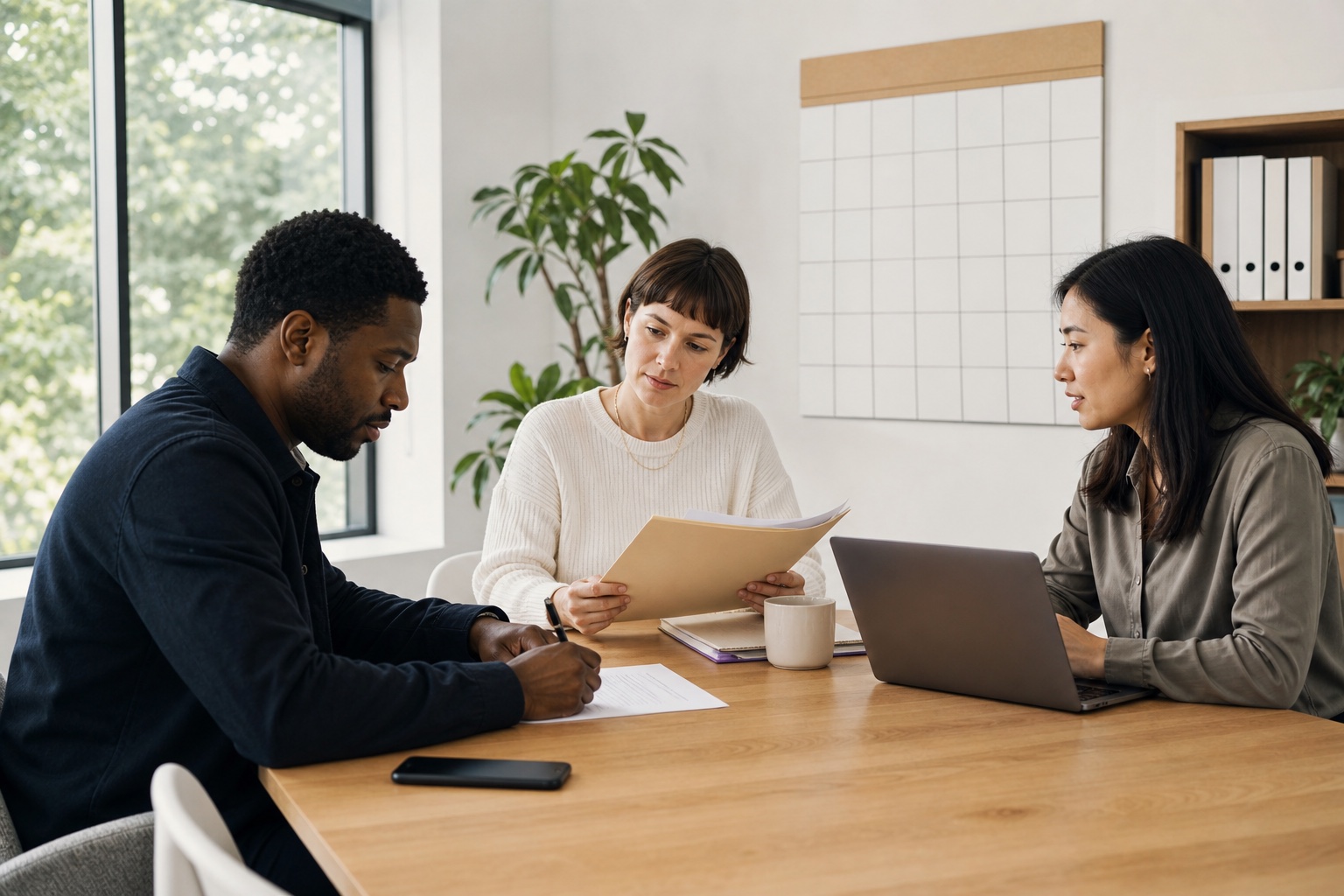 Project team coordinating schedules, documents, and meeting work together