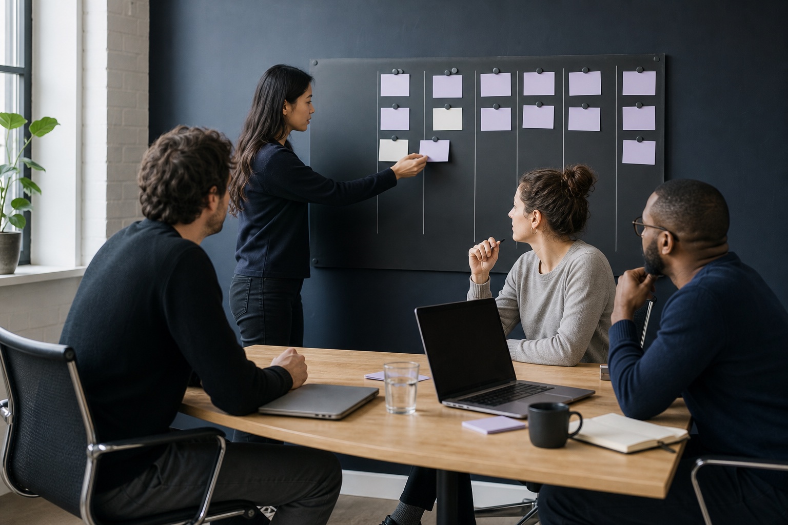 Product and engineering team planning a sprint around a physical workboard