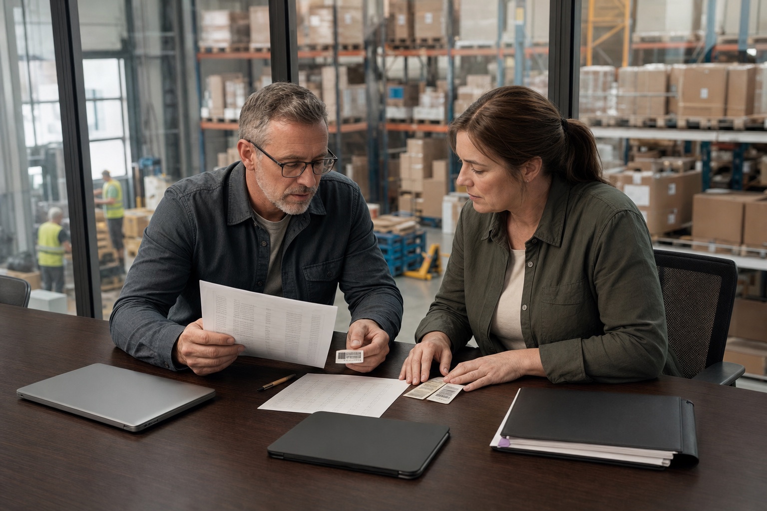 Operations leaders reviewing inventory records beside a working warehouse