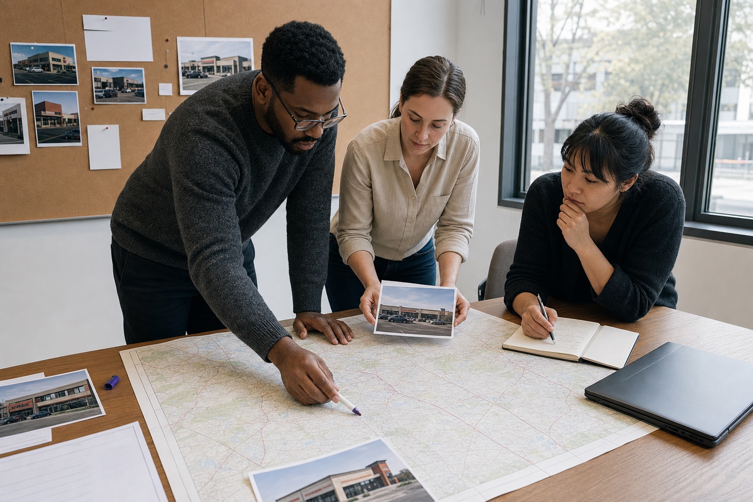 Analytics and retail operations team planning locations with a physical regional map