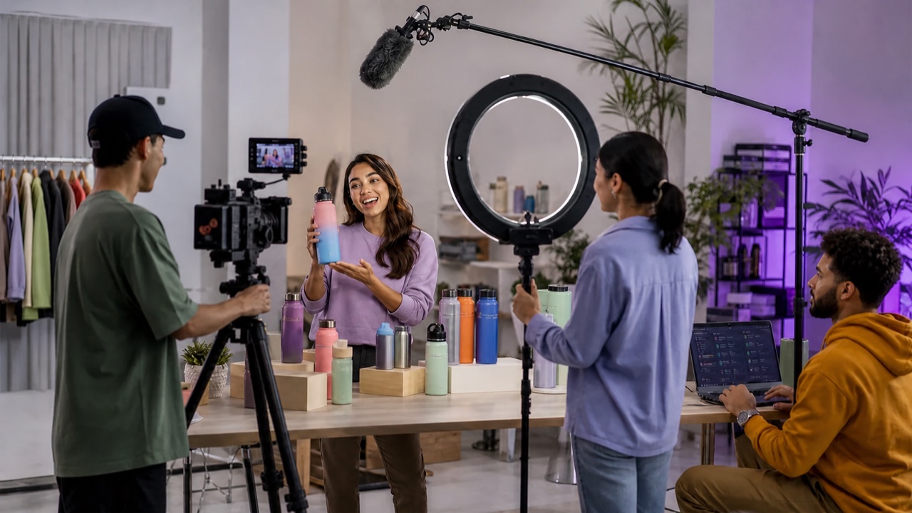 Creator commerce team filming a live hydration product demonstration