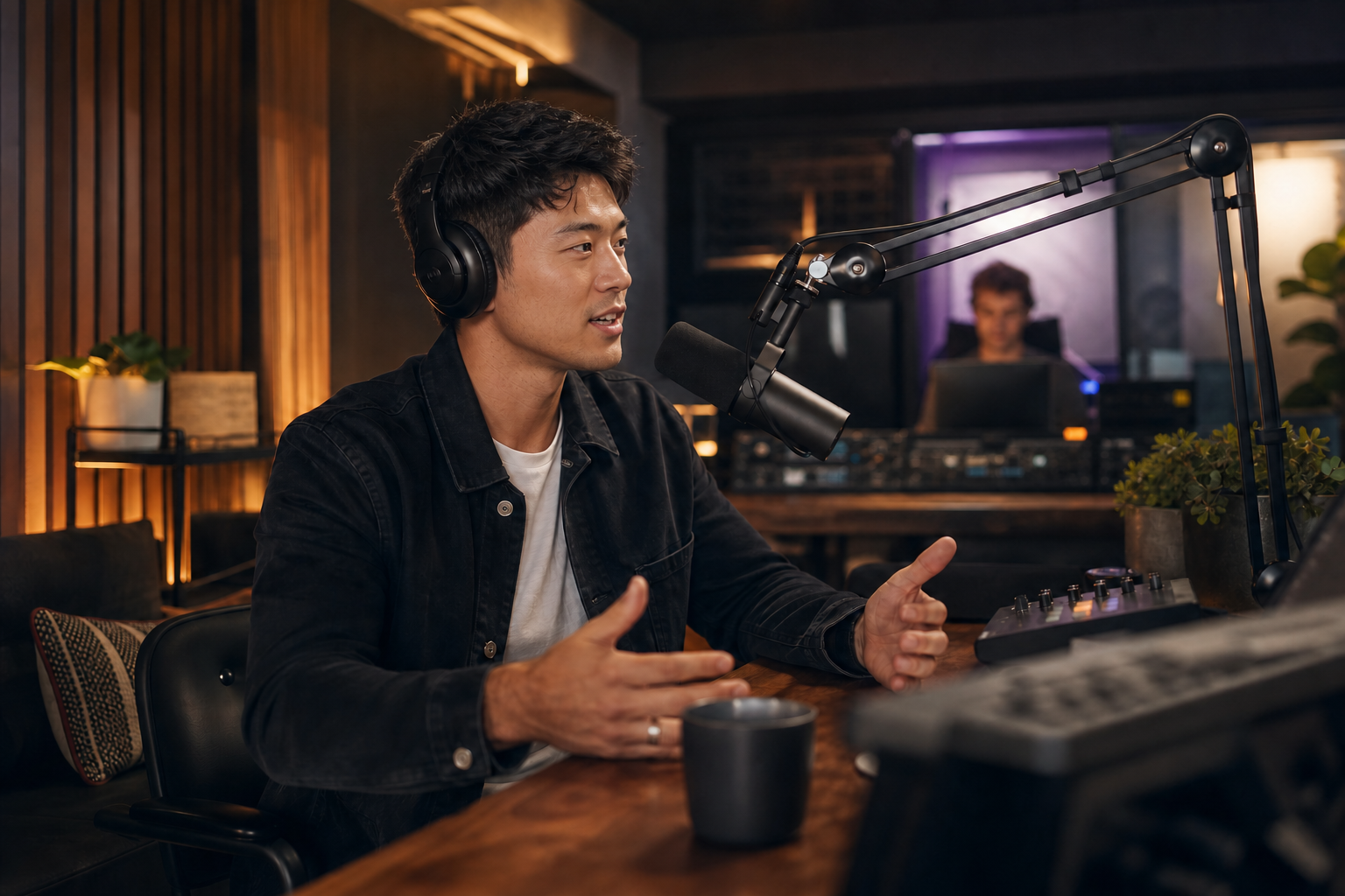 A male podcast host recording in a professional creator studio