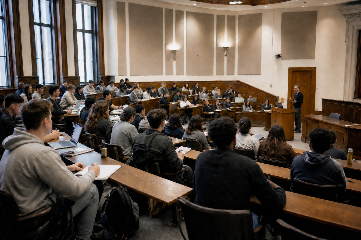 A professor leading a large university class in a prestigious lecture hall